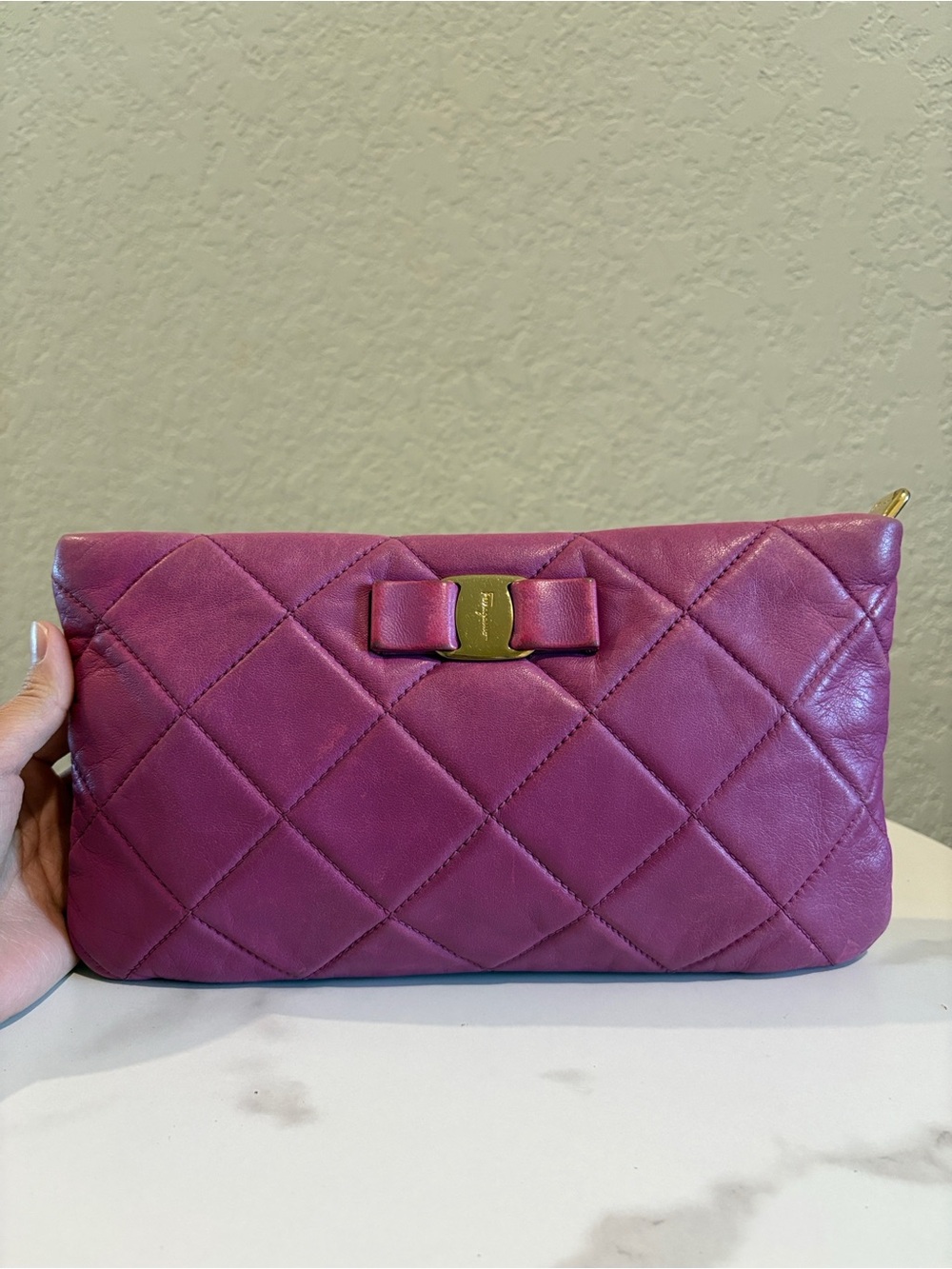 Salvatore Ferragamo Purple Quilted Leather Vara Bow Wristlet Clutch